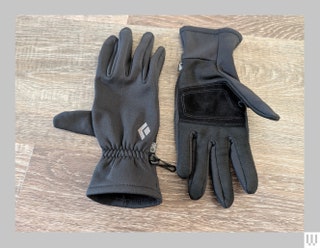 Black Diamond Lightweight Screentap Gloves in black with padded palms and small clip on the sides