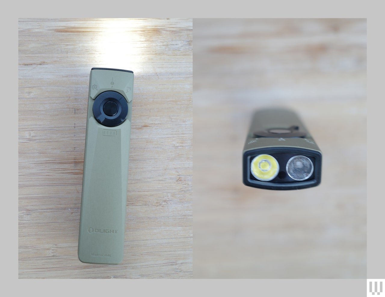 Olight Arkfeld Pro Flashlight, a green rectangular light with a circular button near the top