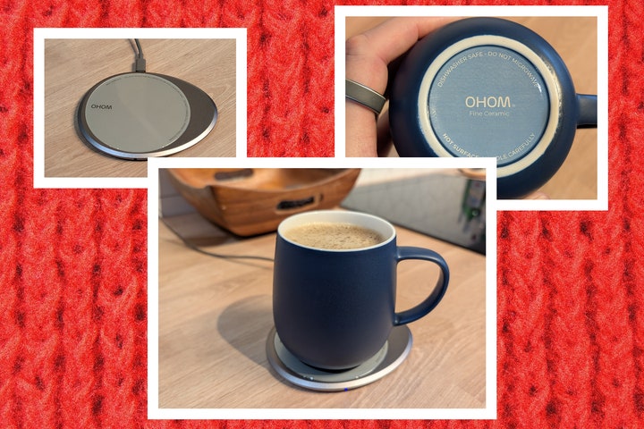 The OHOM Ui 3 a self heating blue mug and silver and grey eggshaped heating pad. Decorative background red knitted fabric.