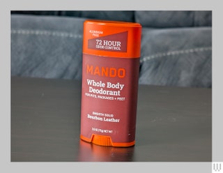 Mando Whole Body Deodorant red container in Bourbon Leather scent