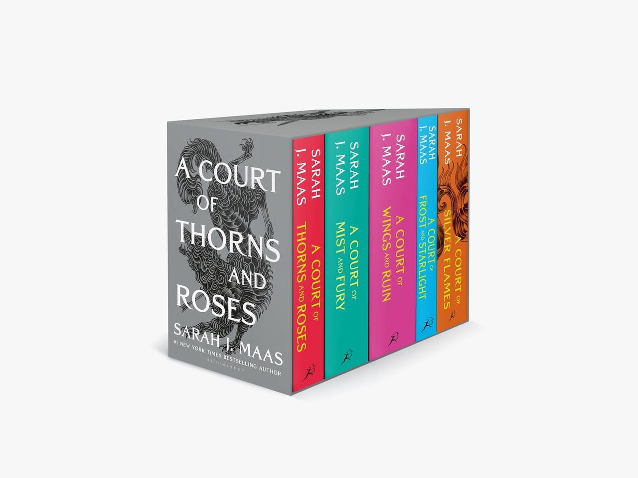 A Court of Thorns and Roses Paperback Box Set, 5 books side by side in a holding case