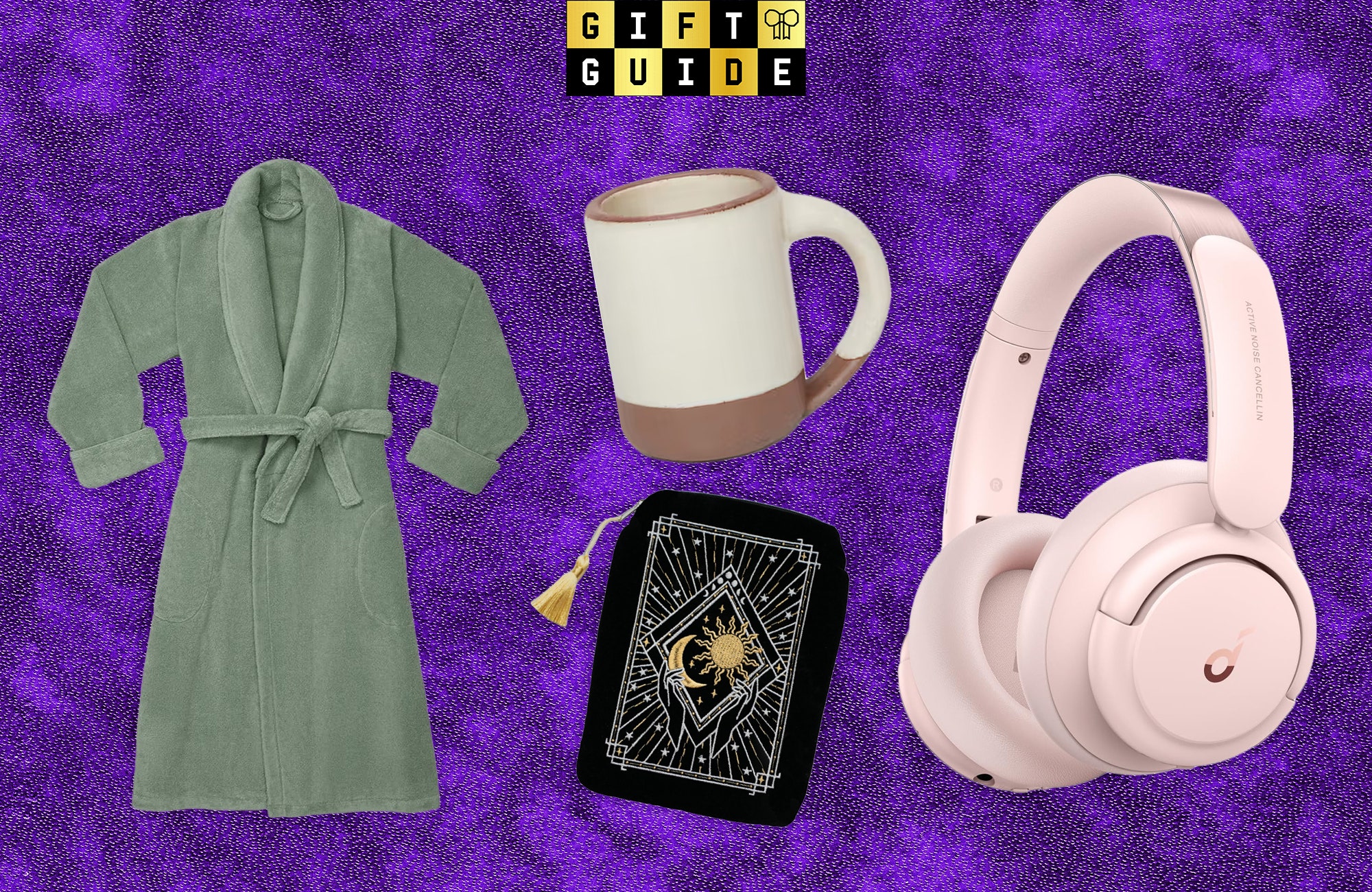 Green bathrobe beige and brown mug with handle black pouch with celestial design and pink headphones. Decorative...