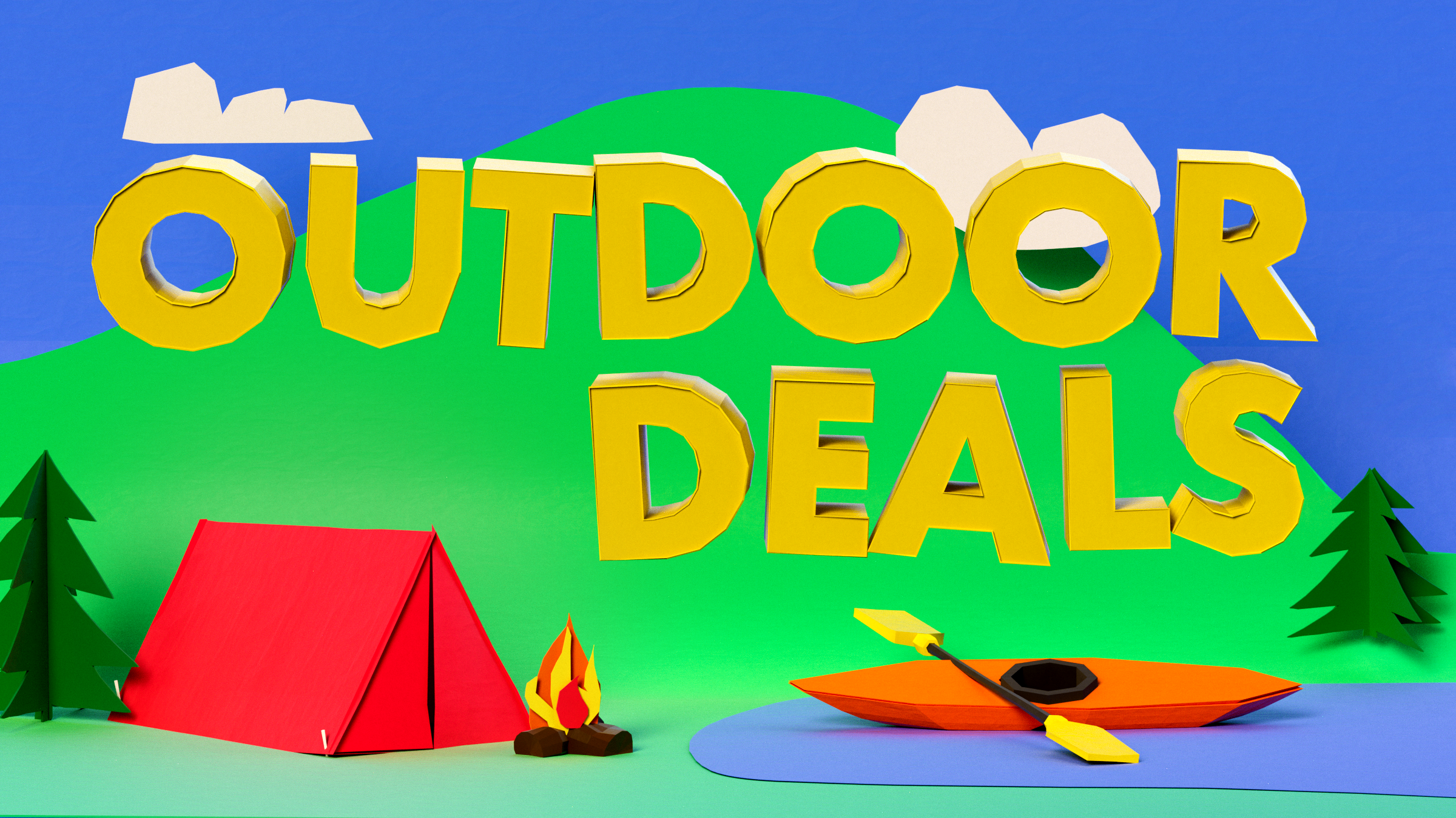 3D paper illustration of a mountain scene with a tent campfire and a lake with a kayak with the text Outdoor Deals