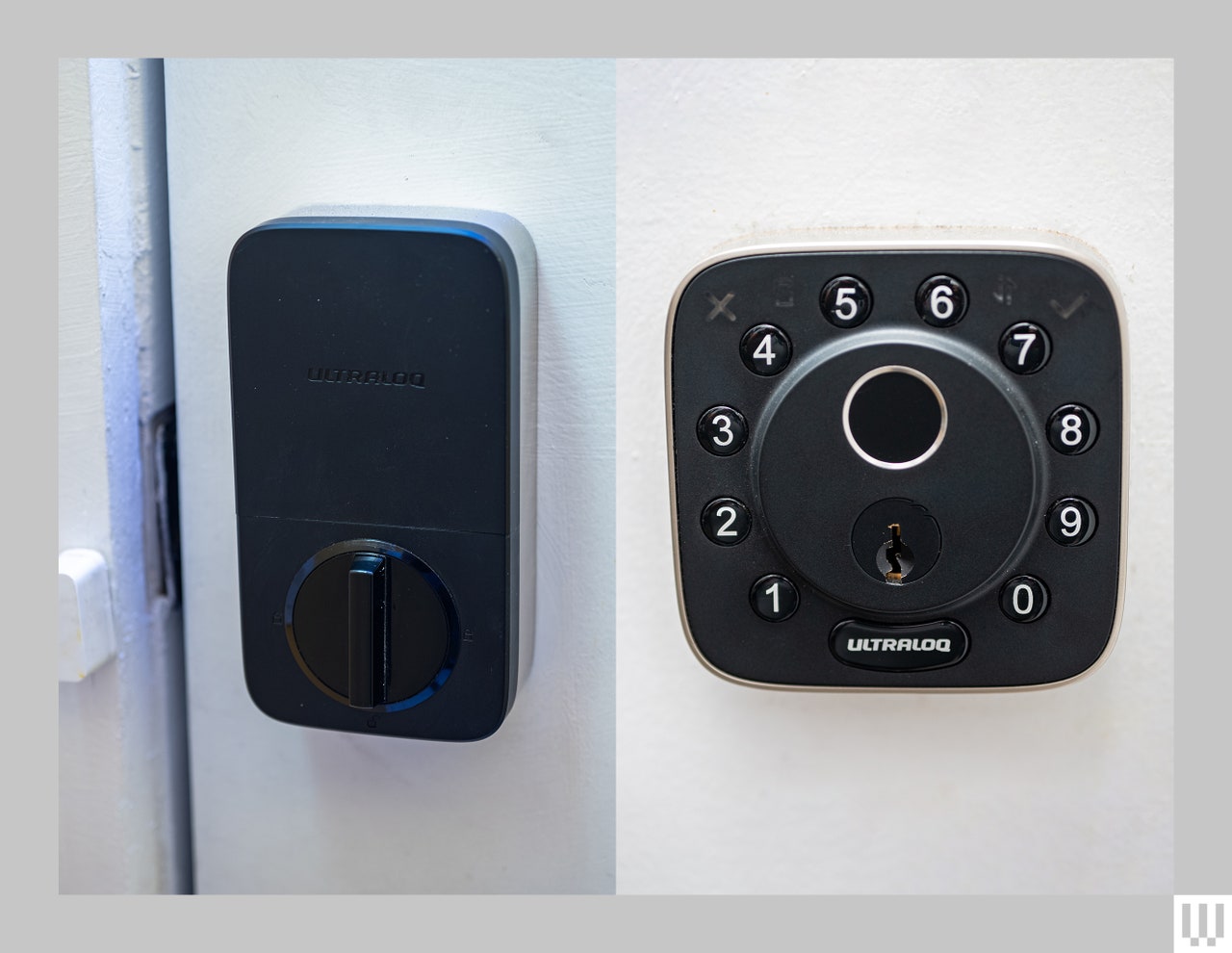 U-Tec Ultraloq Bolt Fingerprint and U-Bolt Pro, black lock attached to the inside of a residential door and a black keypad with a slot for a physical key