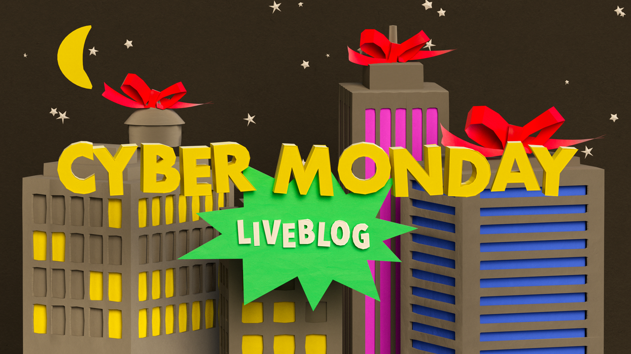 3D paper illustration of skyscrapers with bows on top in a starry night sky with the text Cyber Monday Liveblog