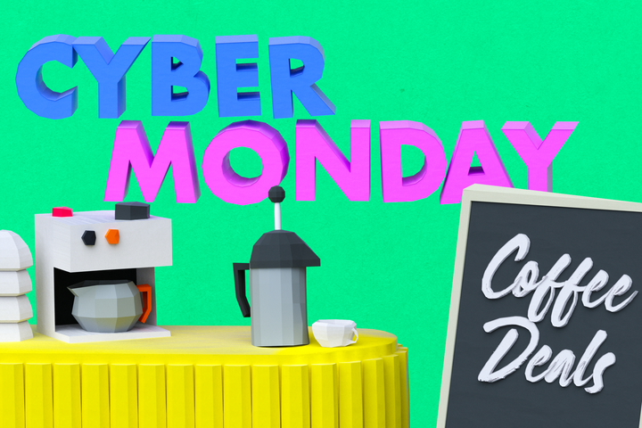 3D paper illustration of a bar with coffee makers and the text Cyber Monday Coffee Deals