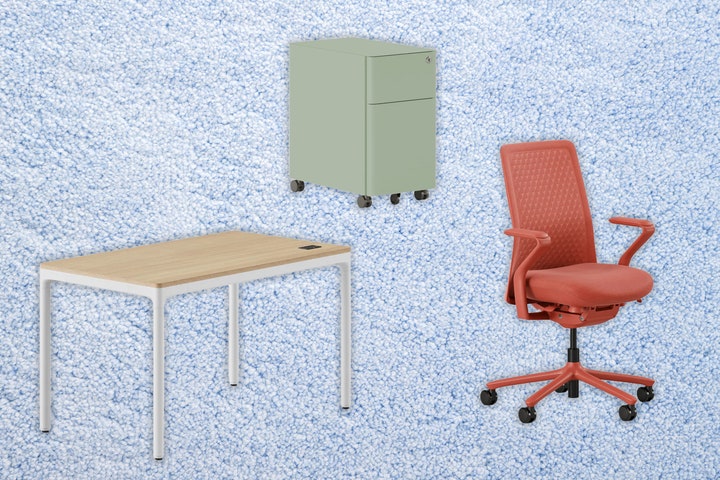 pink office chair white and brown office desk and green filing cabinet. Decorative background blue towel texture.