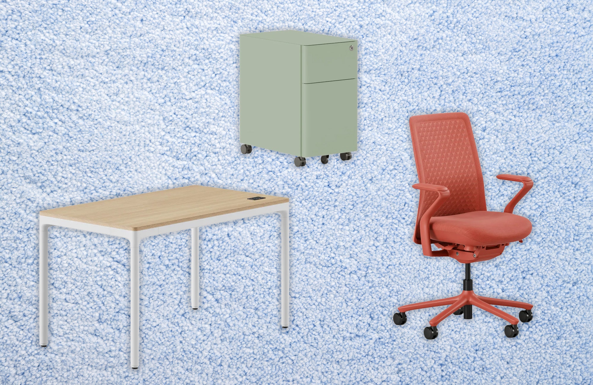 pink office chair white and brown office desk and green filing cabinet. Decorative background blue towel texture.