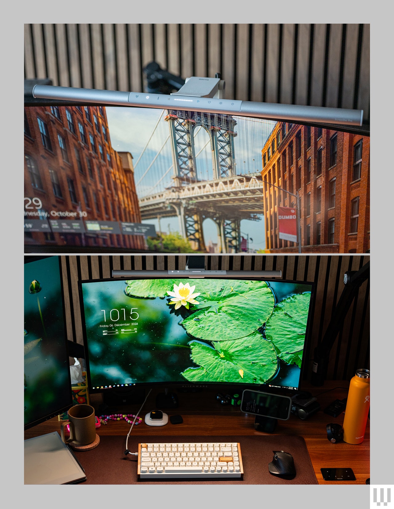 Closeup of the Ben Q Screen Bar Pro, a narrow silver light attached to the top of a computer screen, and a view of a full desk