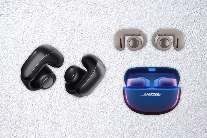 Bose Ultra Open Earbuds shown in black beige and iridescent blue beside a matching ovalshaped case. Background white...