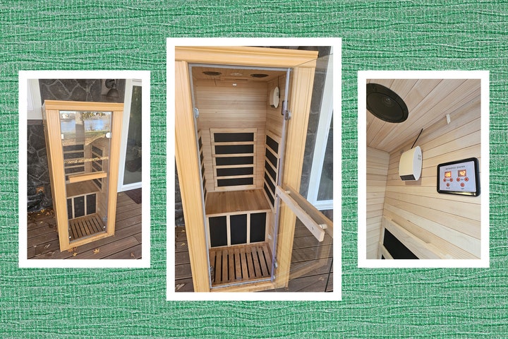 Front and inside views of a wooden sauna installed on the back deck of a house. Background green fabric texture.