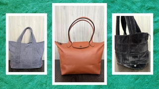 3 tote bags in faded blue brown leather and black plush fabric. Background green plaster wall.