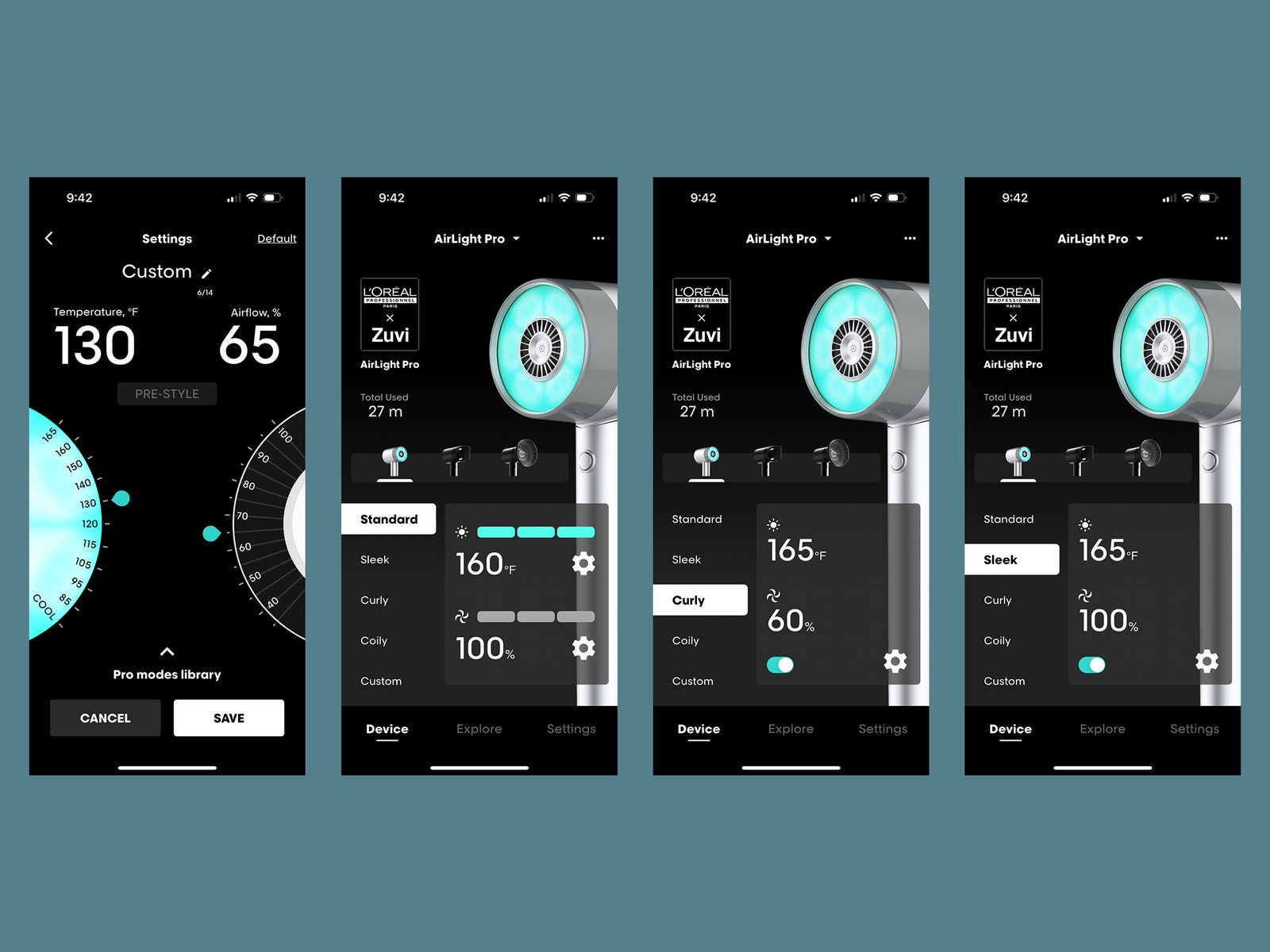 Screenshots of Air Light Pro App showing custom settings for the blowdryer including for sleek or curly hair