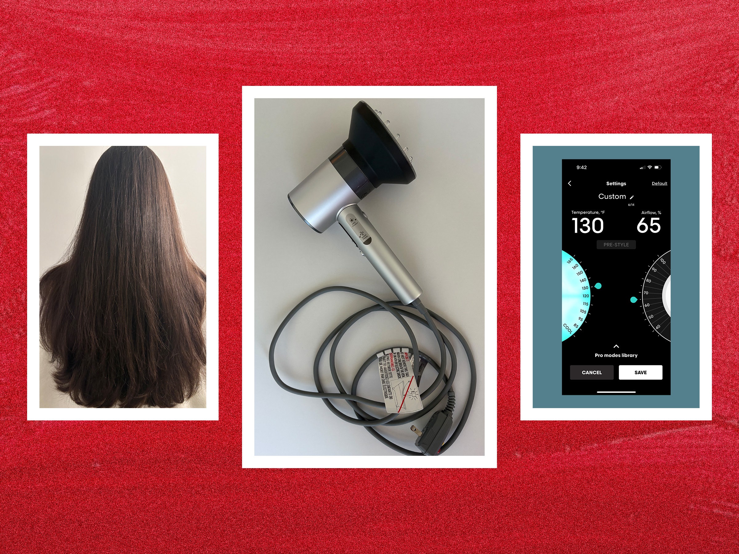 Rear view of someone's long brown hair after blow dry overhead view of blowdryer with diffuser attachment on the end and...