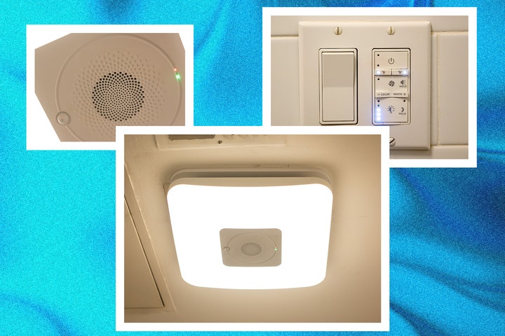 Closeup view of Commercial Electric Smart Bathroom Exhaust Fan and the control switch. Background blue fluid texture.