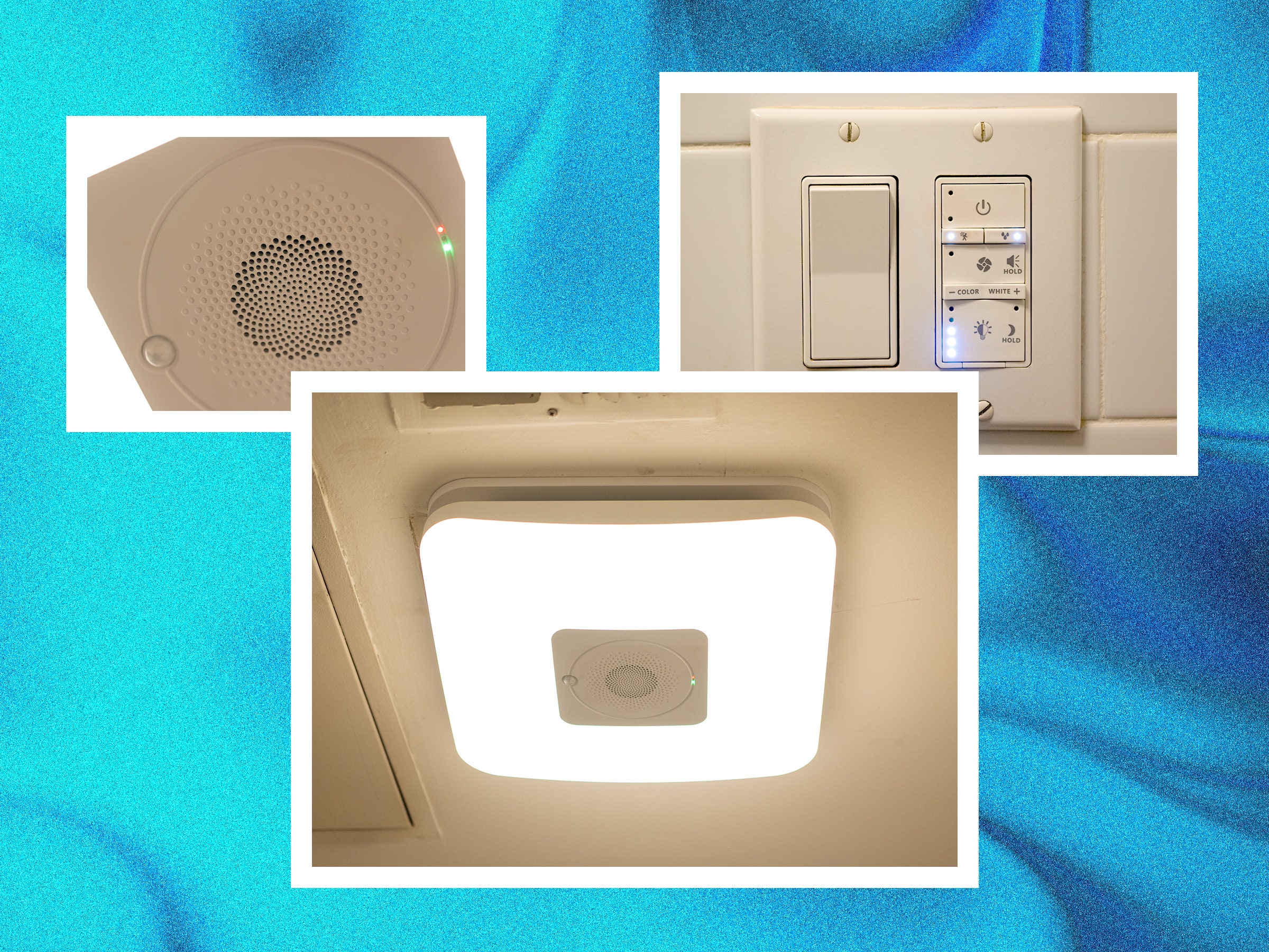 Closeup view of Commercial Electric Smart Bathroom Exhaust Fan and the control switch. Background blue fluid texture.