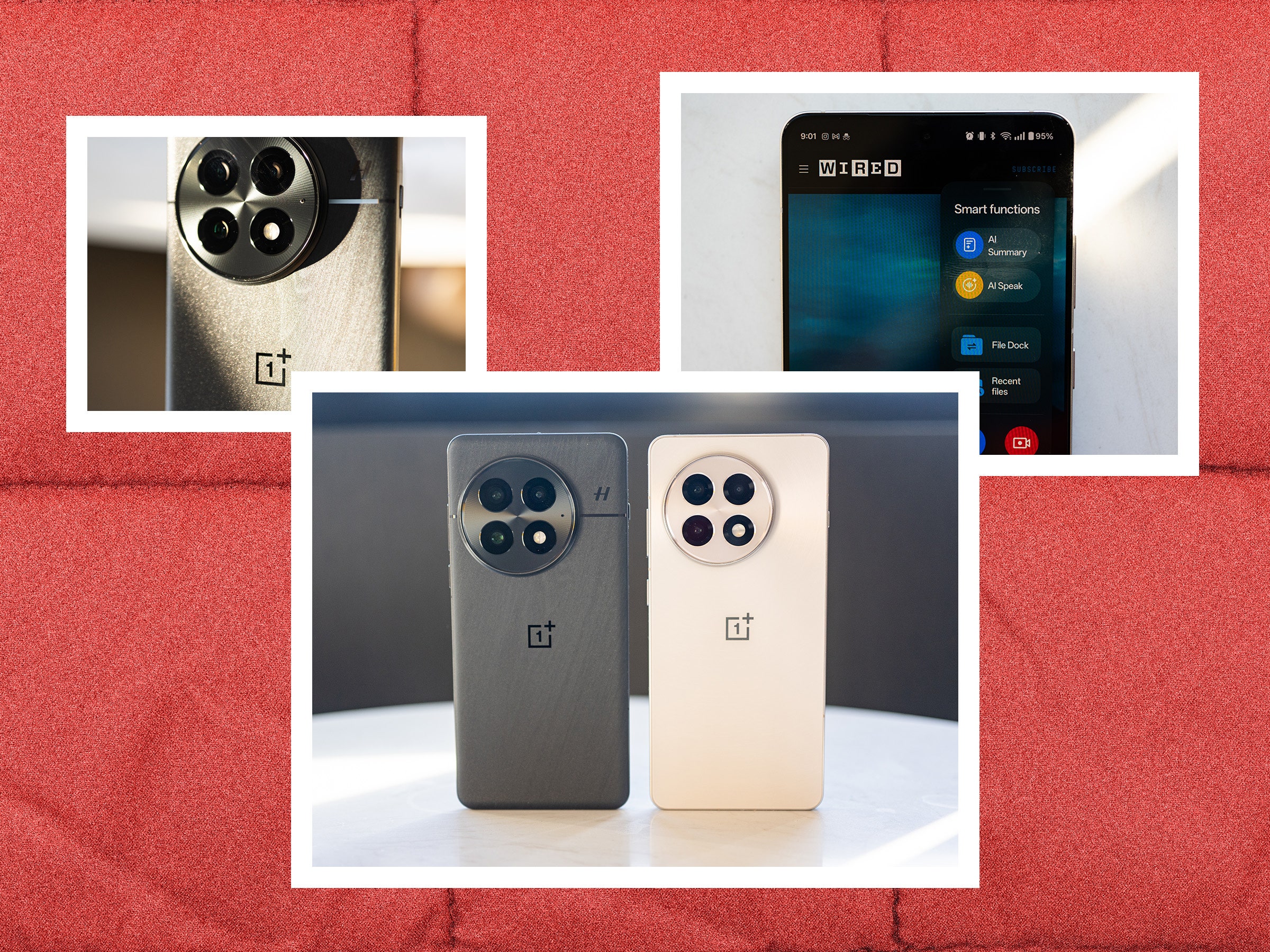 Different views of the OnePlus 13 and OnePlus 13R mobile phones including a closeup of the cameras and screen showing...