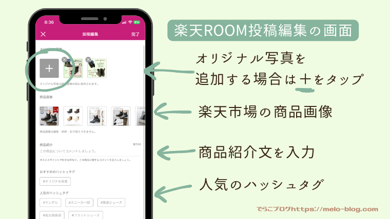 楽天ROOM投稿編集画面