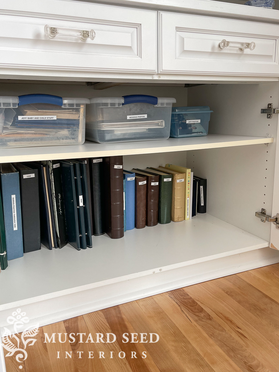 built-in cabinet organizing | photo albums | miss mustard seed