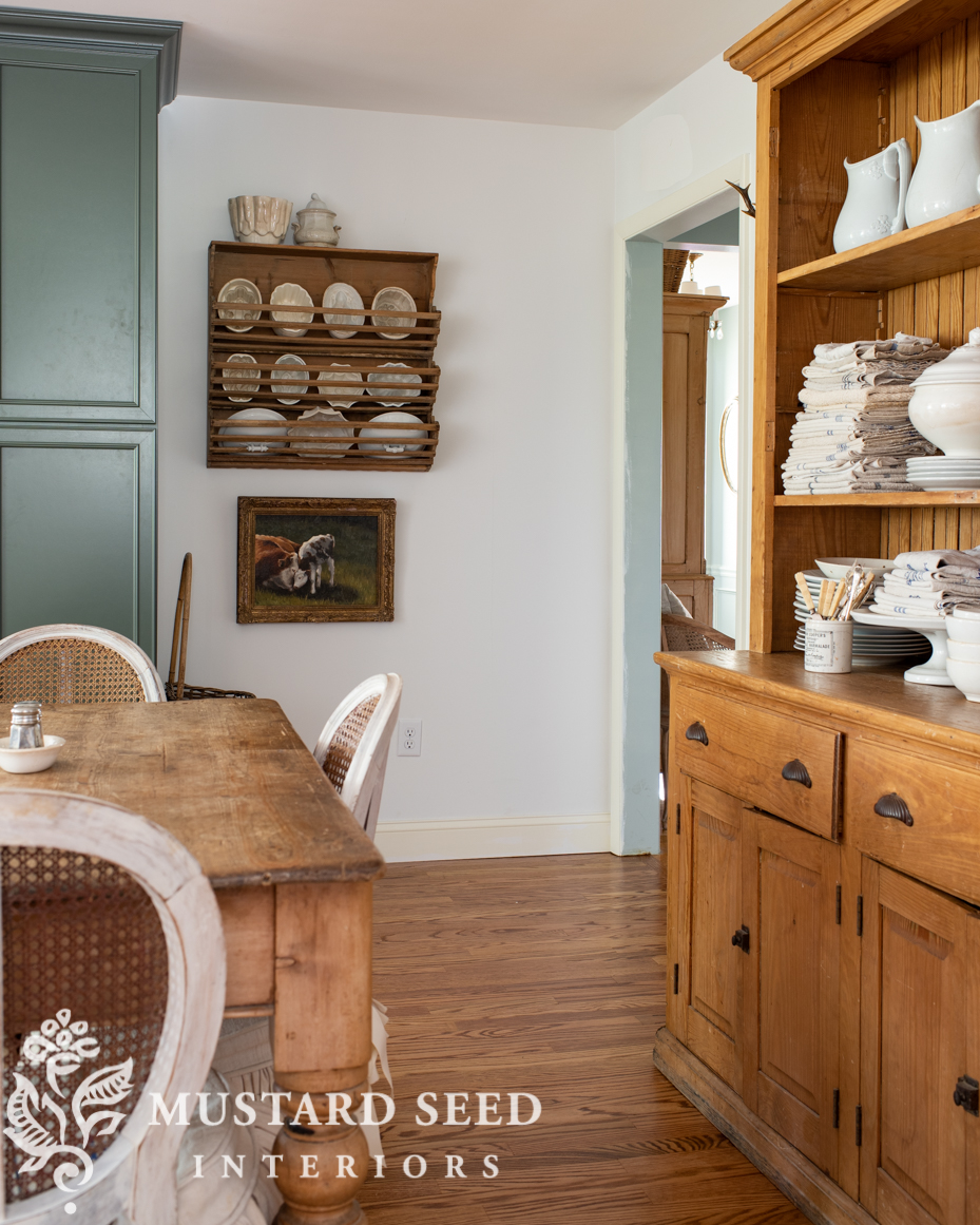 antique pine hutch | white ironstone | kitchen eating area | miss mustard seed