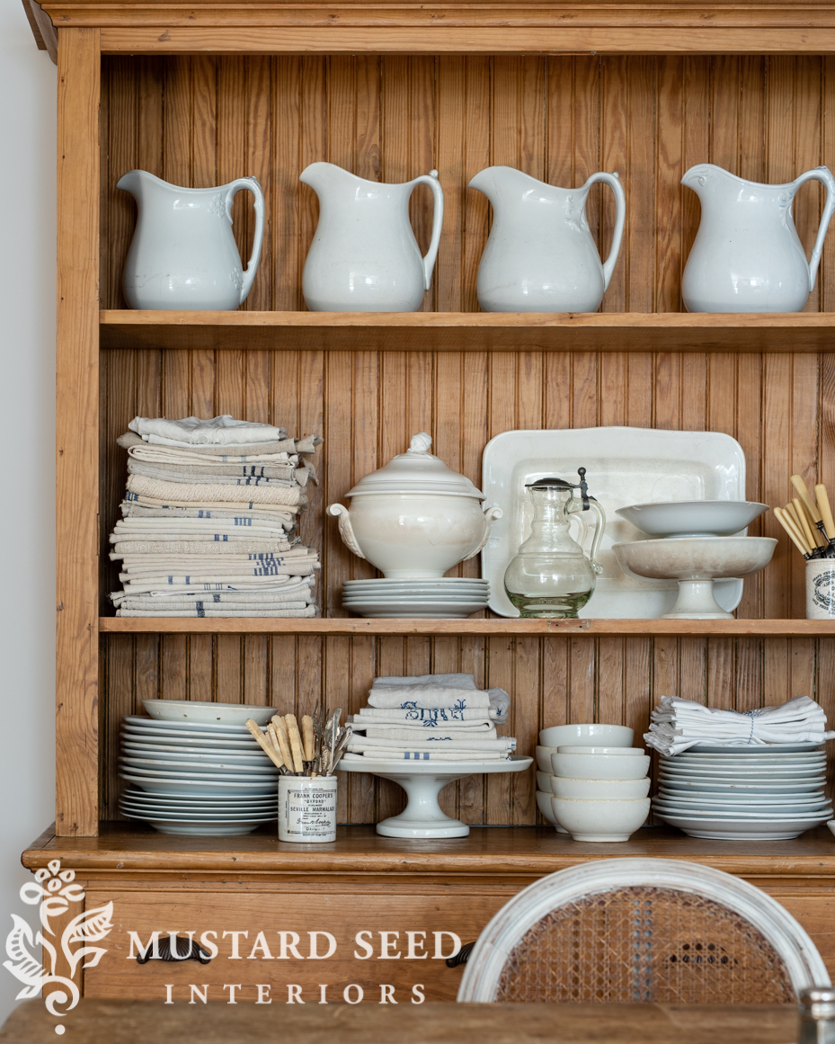 antique pine hutch | white ironstone | kitchen eating area | miss mustard seed