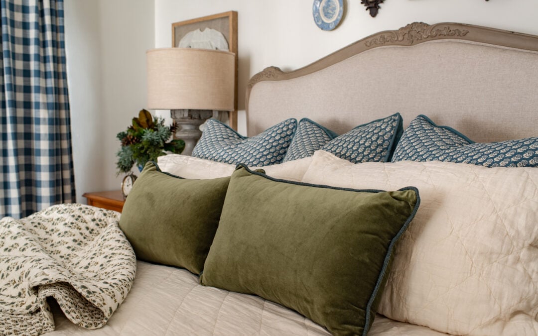 olive velvet pillows & a block print quilt