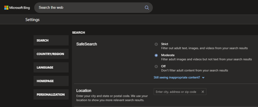 Bing privacy settings