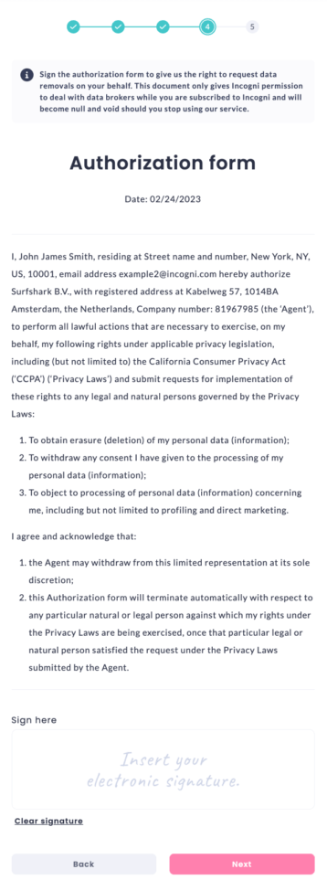 Incogni authorization form screen