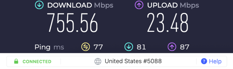 NordVPN Seattle speed test result