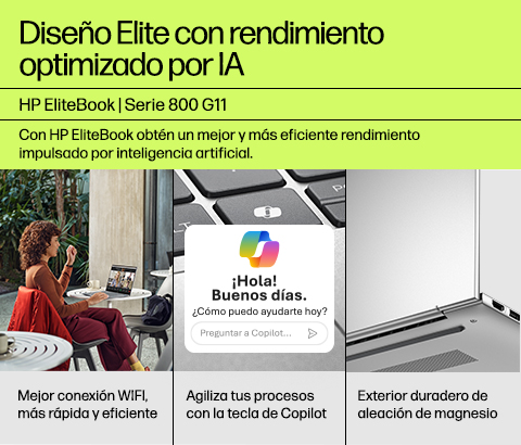 Diseño Elite con rendimiento optimizado por IA. HP EliteBook Serie 800 G11. Con HP EliteBook obtén un mejor y más eficiente rendimiento impulsado por inteligencia artificial. Explora su conexión WIFI mejorada, agiliza tus procesos con la tecla de Copilot, y su exterior duradero de aleación de magnesio.