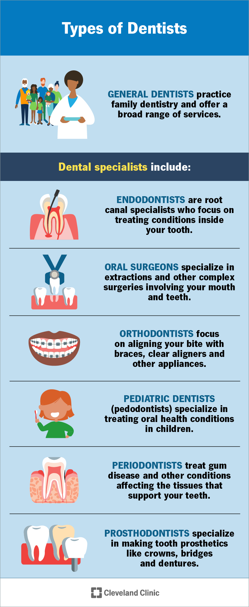 Types of dentists: general dentist, endodontist, oral surgeon, orthodontist, pediatric dentist, periodontist, prosthodontist.