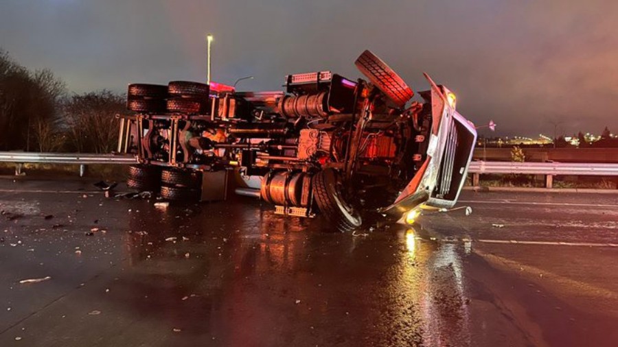 Image: A semi-truck rolled over on State Route 16 on Monday, Nov. 25, 2024....