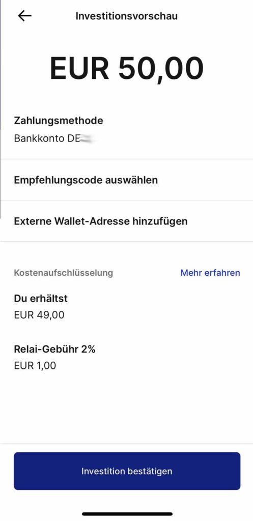 Relai - Investition beauftragen - beispielhaft im Bild: 50 €