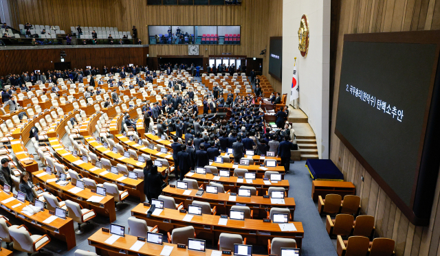 권성동 국민의힘 당 대표 권한대행 겸 원내대표와 의원들이 27일 오후 서울 여의도 국회에서 열린 제420회국회(임시회) 제2차 본회의에서 우원식 국회의장을 향해 한덕수 대통령 권한대행 국무총리 탄핵소추안 의결 관련 항의하고 있다. 뉴스1