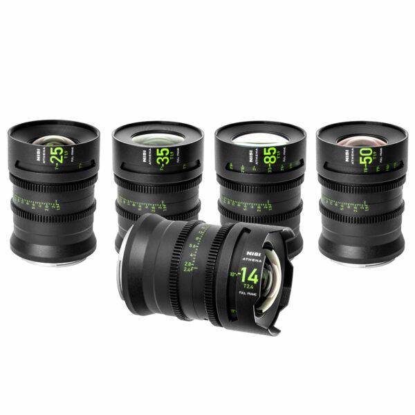 NiSi ATHENA PRIME Full Frame Cinema Lens Kit with 5 Lenses 14mm T2.4, 25mm T1.9, 35mm T1.9, 50mm T1.9, 85mm T1.9 + Hard Case (G Mount | No Drop In Filter) Creative Kit (5 Lenses) | NiSi Optics USA |