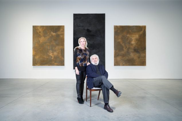 Marianne Boesky and Pier Paolo Calzolari photographed in front of Untitled (Three felts) at Marianne Boesky Gallery on 10 February 2017. 