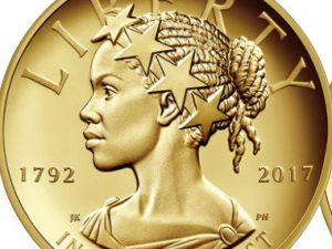 The U.S. Mint's 225th anniversary commemorative $100 gold coin features a black Lady Liberty.