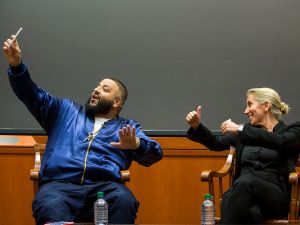 CAMBRIDGE, MA - DECEMBER 09: DJ Khaled posts a Snapchat with Harvard Business School Professor of Business Administration, Anita Elberse, during the Get Schooled Snapchat College Tour and Meet at Harvard University on December 9, 2016 in Cambridge, Massachusetts. (Photo by Scott Eisen/Getty Images for Get Schooled Foundation)