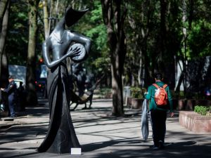 English-born Mexican artist Leonora Carrington's La Tamborilera, on view as part of the temporary urban exhibition set along Mexico City's Paseo de la Reforma Avenue.