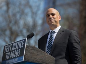 Cory Booker at the "Justice For All" Kickoff Tour in Newark, N.J. on April 13, 2019.