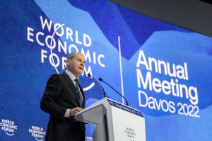 German Chancellor Olaf Scholz addresses the assembly during the World Economic Forum (WEF) annual meeting in Davos