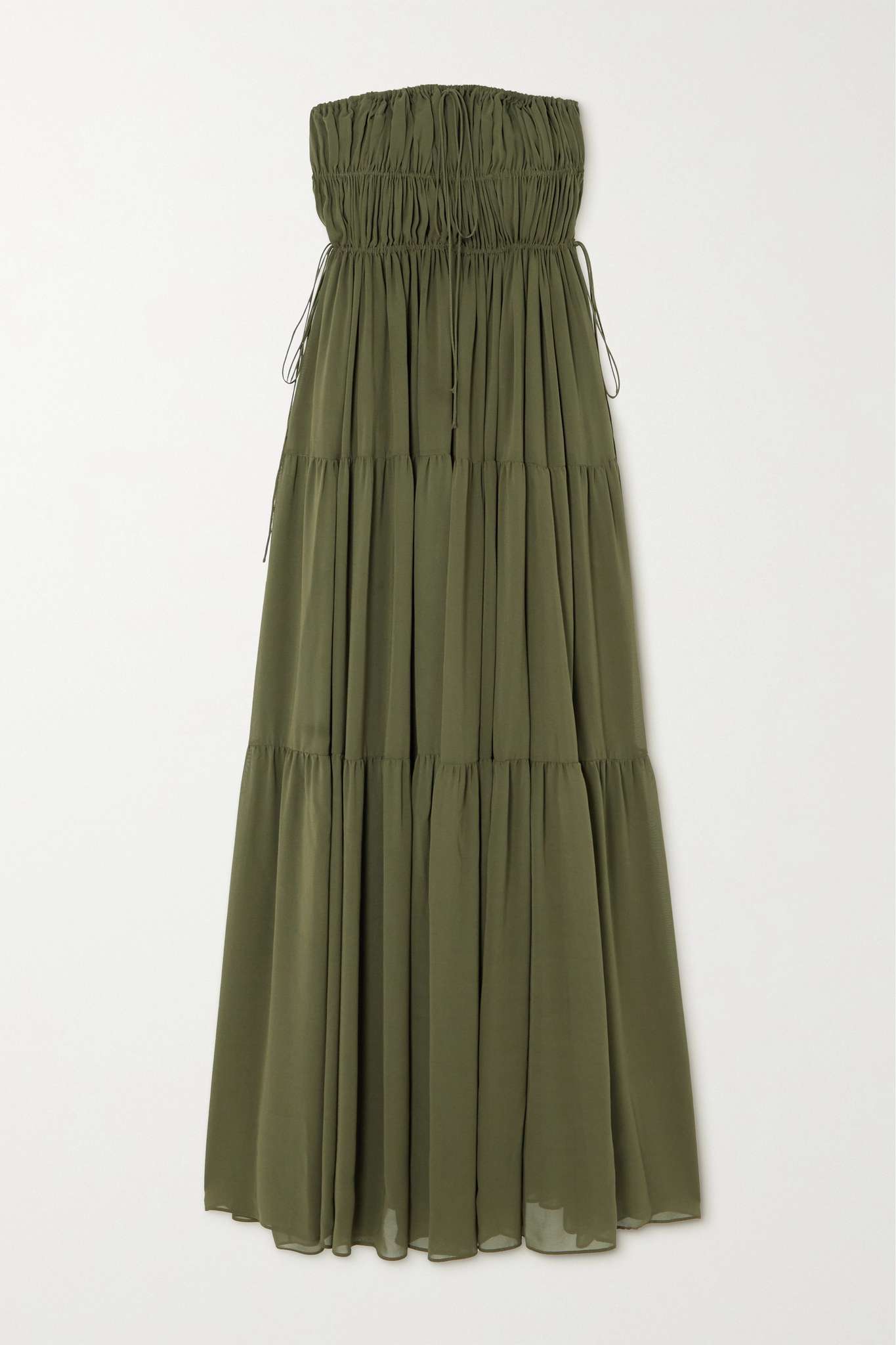 strapless shirred tiered olive green maxi dress