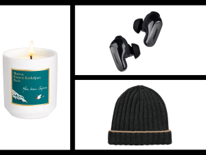 collage of a hat, candle and headphones