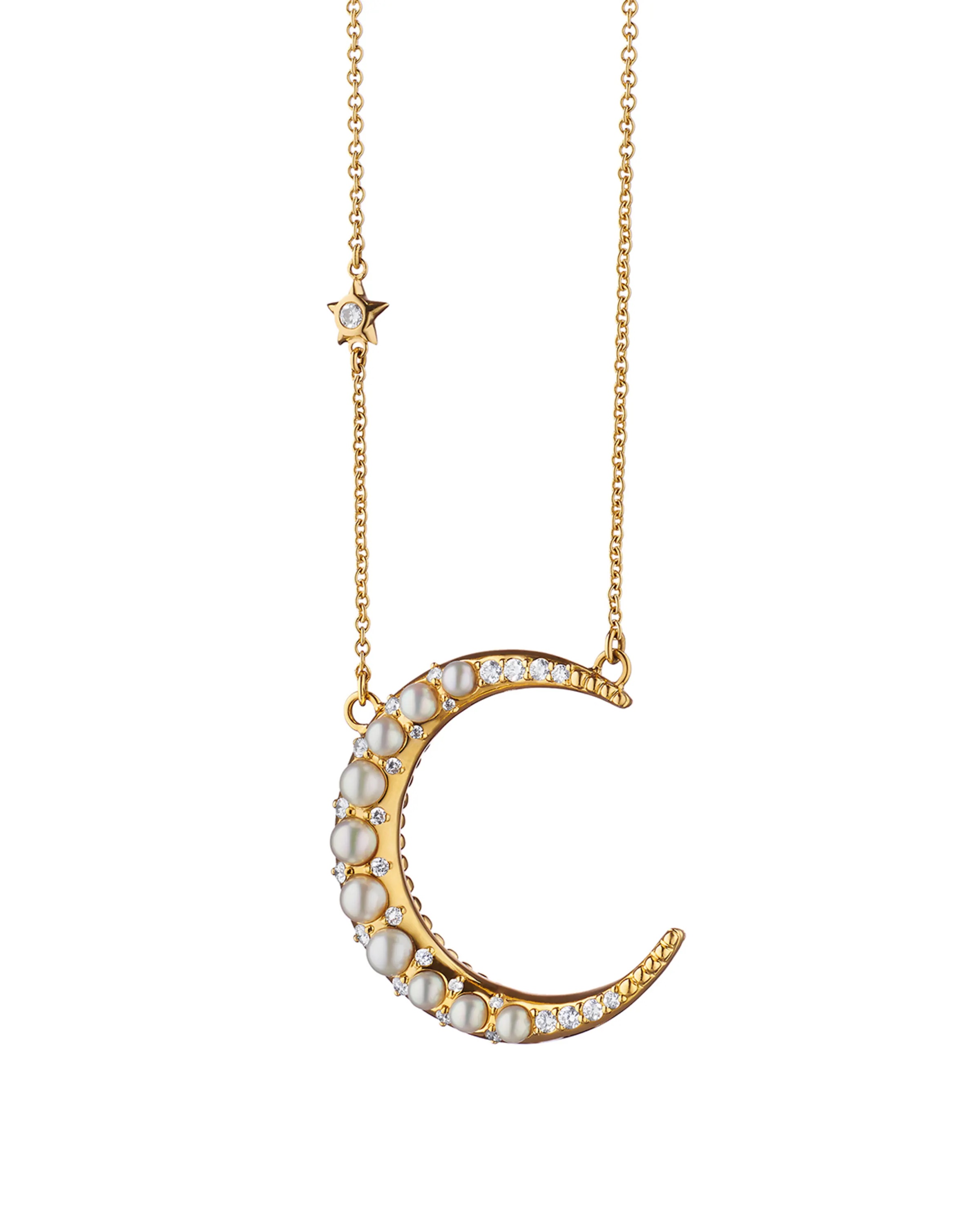 Monica Rich Kosann 18K Yellow Gold Large Pearl Crescent Moon Necklace with Diamonds