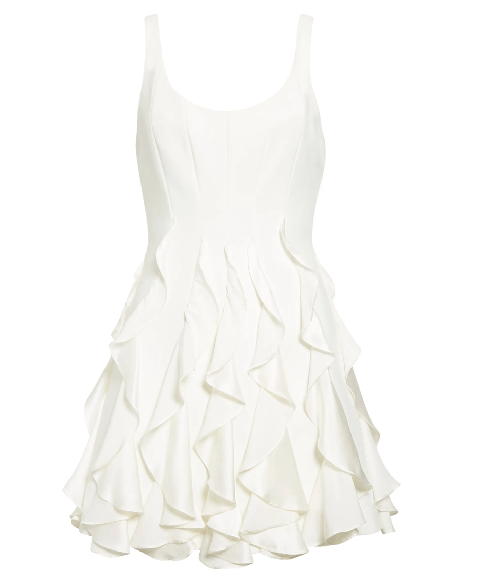 product shot of white ruffled strapless mini dress