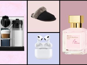 collage of perfume, coffee maker, slippers and air pods
