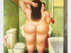 A painting of a wide, nude white woman seen from behind looking into a bathroom mirror between a toilet and tub