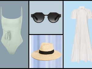 collage of swimsuit, sunglasses, hat and dress