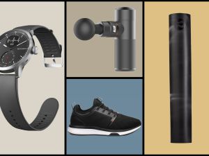 collage of a watch, massage gun, yoga mat and sneakers
