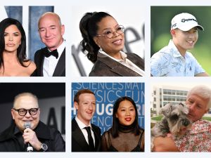 Six images showing Jeff Bezos and Lauren Sanchez, Oprah Winfrey, Colin Morikawa, David Duffield, Mark Zuckerberg and Priscilla Chan and Bob Parsons.
